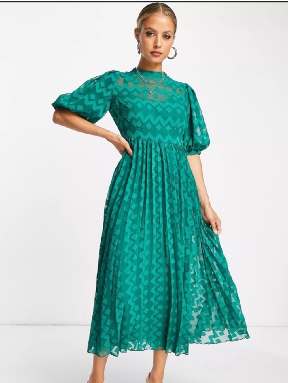 Size 10  ASOS DESIGN high neck pleated chevron dobby midi dress - Picture 9 of 13